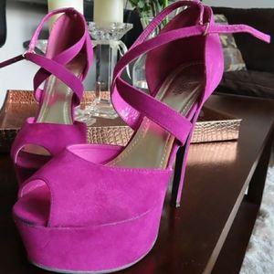 Magenta, Suede, Platform, Peep-toe, High Heels